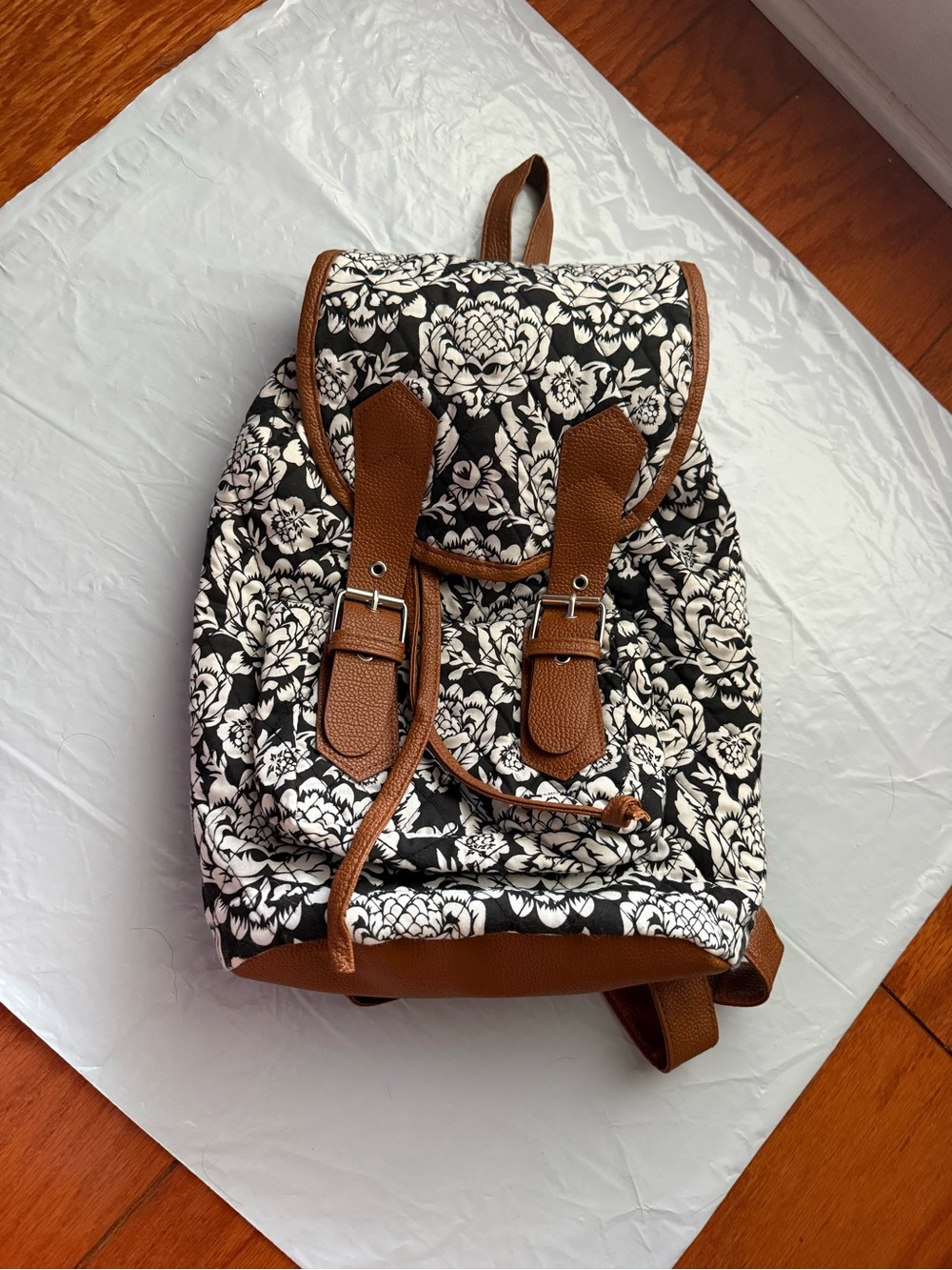 Black & White Floral Backpack with Brown Trim